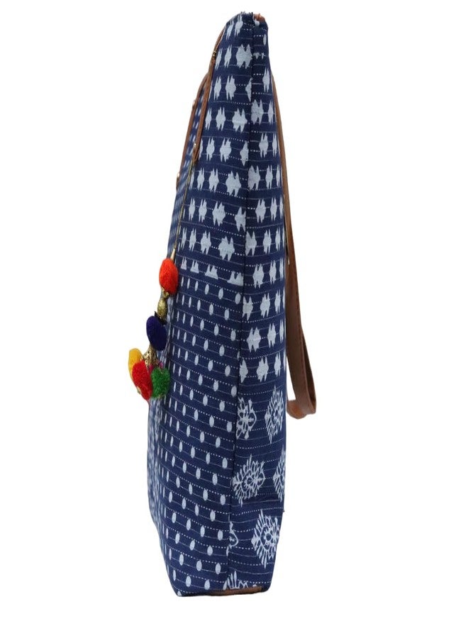 SHIVKARI Womens Girls Traditional Ikkat Tote Handbag with Tassels | Blue - Image 3